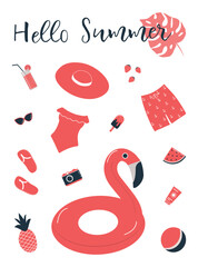 Red beach accessories isolated on white. Swimsuit, swimming trunks, hat, sunglasses, flip flops, sunscreen, camera, flamingo swimming ring, watermelon. Things for summer vacation. Hello Summer Vector