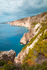 Cliff wall top view of the Ionian sea near Keri rocks on Zakynthos island