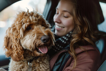 A woman and her labradoodle enjoying a car ride together