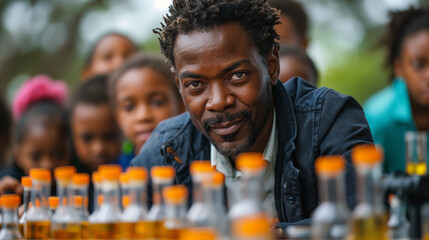 6. Scientific Inquiry: Surrounded by laboratory equipment and research materials, a dedicated teacher leads a group of aspiring scientists through a hands-on experiment, guiding th