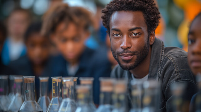 6. Scientific Inquiry: Surrounded by laboratory equipment and research materials, a dedicated teacher leads a group of aspiring scientists through a hands-on experiment, guiding th