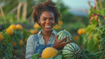 African american balck woman farmer harvesting ripe melons at sunny day. Agriculture and healthy food concept. Generative ai - Powered by Adobe