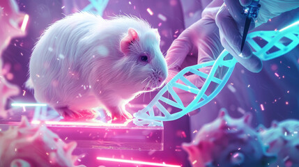 A visually stunning sciencefiction poster showcasing a white experimental Guinea pig as the focal point on a stage, while a scientist in the background carefully scissors a DNA spiral - obrazy, fototapety, plakaty