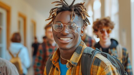 Obraz premium Multiracial happy college students in student dormitory. Different ethnicities university students moving at dorm, many luggage, bags near. Generative ai