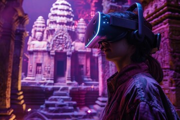 Fototapeta premium A woman wearing a virtual reality headset stands in front of a building