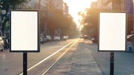 Two blank billboard mockups next to each other Advertisement template next to a street in an industry district of a big city The space is free to insert any graphics The road is empty : Generative AI
