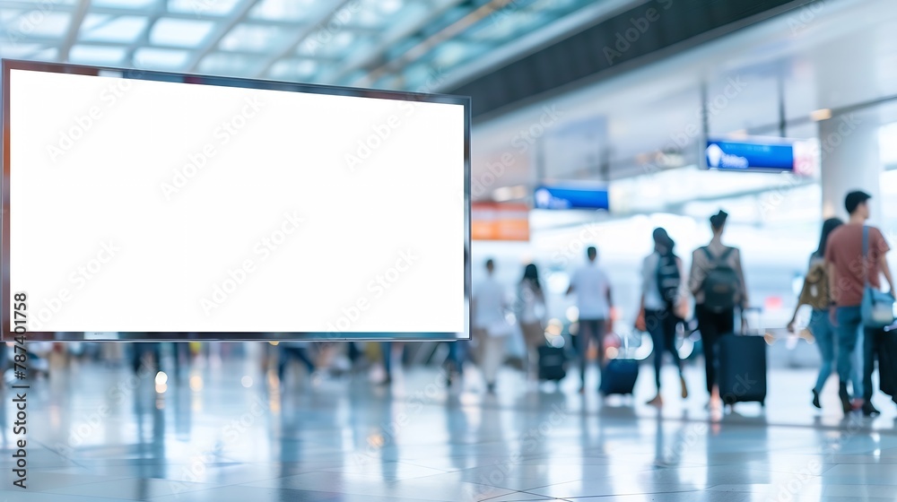 Poster blank billboard in airport terminal with blurred people walking in background : generative ai