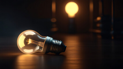 One Lightbulb glowing among shutdown light bulb in dark area with copy space, problem solving solution and outstanding concept by 3d render, bokeh - obrazy, fototapety, plakaty