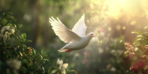 A graceful white pigeon soars through dappled sunlight amidst lush greenery, symbolizing hope and peace - obrazy, fototapety, plakaty
