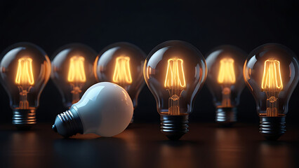 One Lightbulb glowing among shutdown light bulb in dark area with copy space, problem solving solution and outstanding concept by 3d render, glow - obrazy, fototapety, plakaty