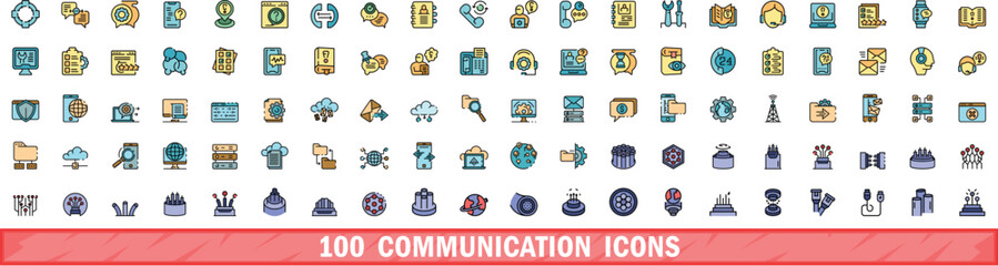 100 communication icons set. Color line set of communication vector icons thin line color flat on white