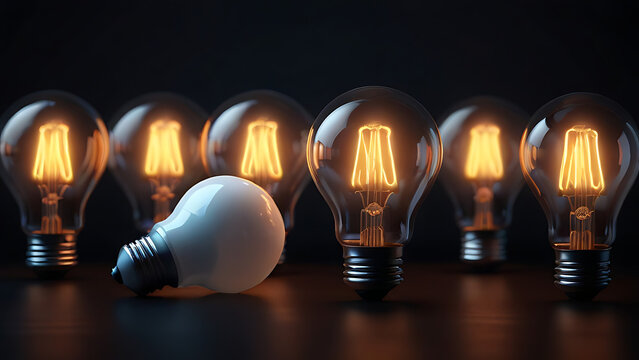 One Lightbulb glowing among shutdown light bulb in dark area with copy space, problem solving solution and outstanding concept by 3d render, glow