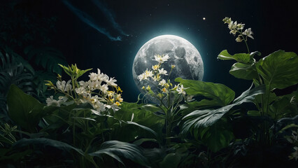 Obraz na płótnie Canvas bamboo tree flat silhouette vector with beautiful night sky background 