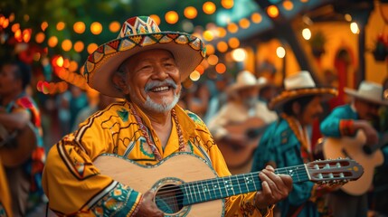 Man In Traditional Mexican Clothes With  Guitar In Sombrero Celebrating Cinco De Mayo Festival