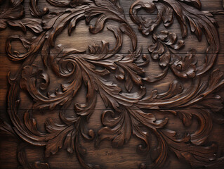 A wooden carving of a flower and leaves motif with a leafy border. Carving is done carefully and high quality.