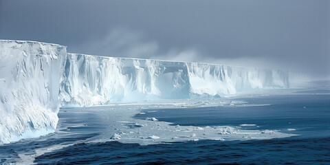 Antarctic coast, the distant misty edge of the Antarctic ice sheet breaks into the sea