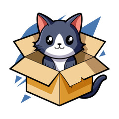 Sticker of a cat peeking mischievously out of a partially opened cardboard box, surrounded by torn wrapping paper
