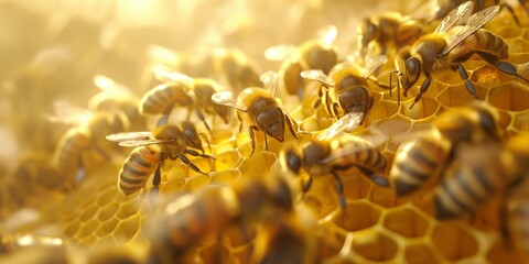 Macro shot of industrious bees working together on a golden honeycomb, symbolizing teamwork - obrazy, fototapety, plakaty