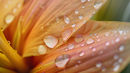 Flower petals hold raindrops, shimmering with vibrant hues.