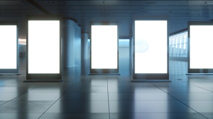 Five empty vertical posters mockups glowing with a LED neon light in an airport terminal a group of blank banners templates in a corridor of a shopping mall mockups of 5 indoor billboa : Generative AI