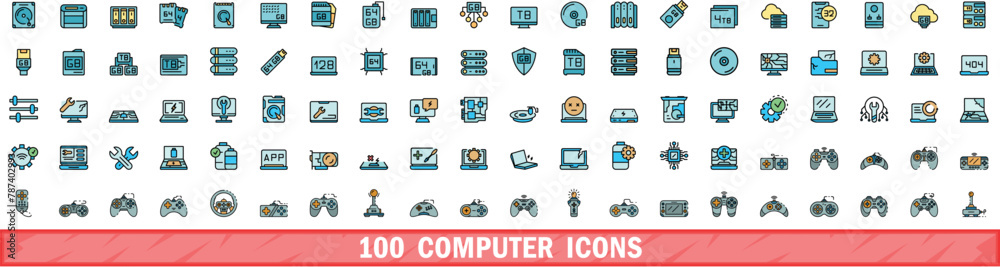 Poster 100 computer icons set. color line set of computer vector icons thin line color flat on white