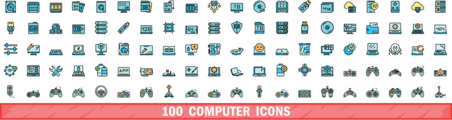 100 computer icons set. Color line set of computer vector icons thin line color flat on white