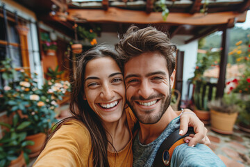 Man and Woman Taking Selfie in Front of House