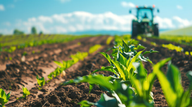 Tractor cultivating fertile farmland with young corn plants under sunny sky.