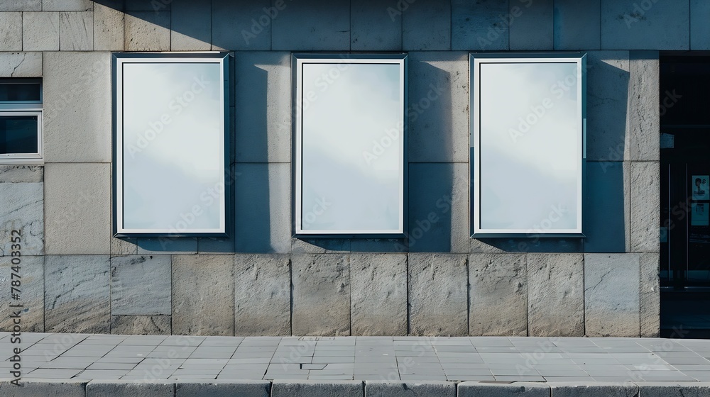 Poster blank white vertical banners on building facade design mockup store flags mock up on the street outd