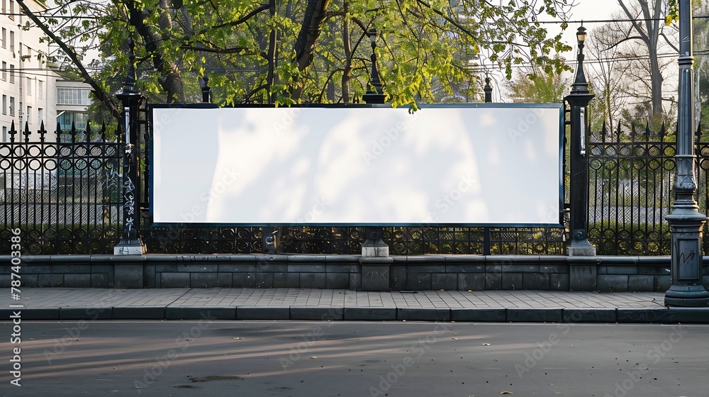 Aufkleber Advertisement blank long horizontal billboard with copy space for commercial info fixed on urban fence front view : Generative AI