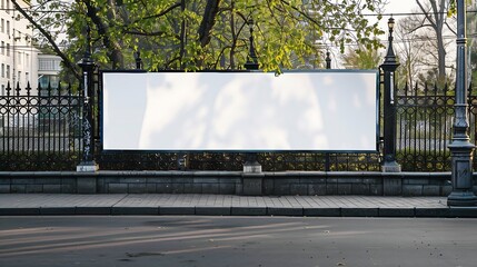 Advertisement blank long horizontal billboard with copy space for commercial info fixed on urban fence front view : Generative AI