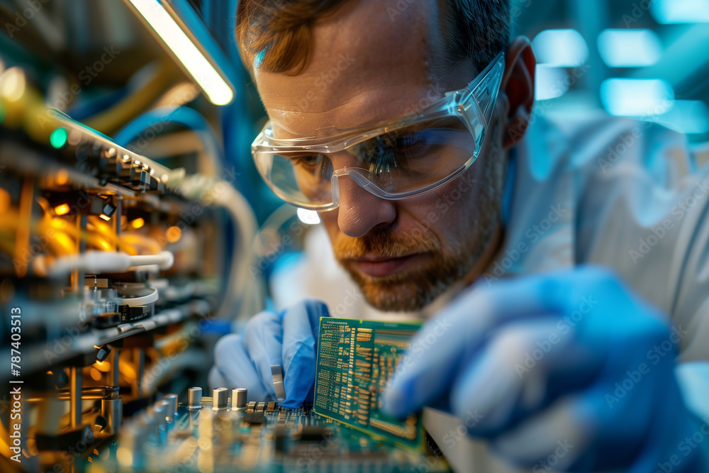 Aufkleber Man Working on Circuit Board in Factory