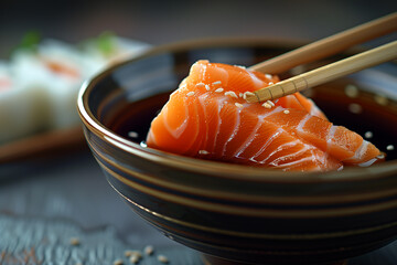 Fresh Salmon Sashimi Served in a Bowl With Chopsticks