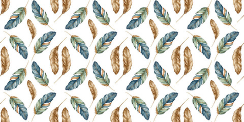 Seamless Boho-style feather pattern. Artistic design of watercolor texture for wallpaper, gift wrapping paper, textiles.
