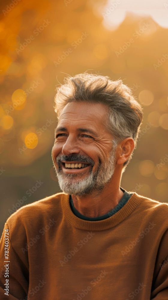 Wall mural joyful senior man smiling in golden hour light