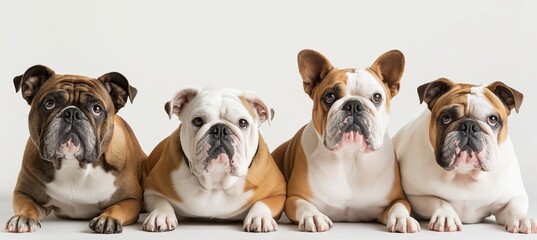 Four wrinkled bulldogs lined up in a row, wearing orange shirts, gazing at the camera