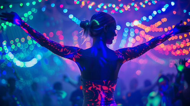 A woman with fluorescent bodypainting seen from back in a music event, dancing in neon color lights