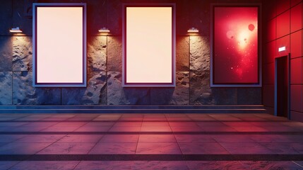 Three movie poster frames along the walkway in modern interior design for movie theater : Generative AI