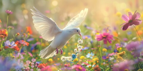 A white dove in mid-flight over a vibrant field of various colorful flowers, symbolizing peace and freedom