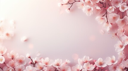 Blossoming branch of sakura on a pink background with copy space
