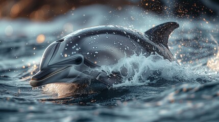 A marine mammal features a fin leaping out of the liquid - obrazy, fototapety, plakaty