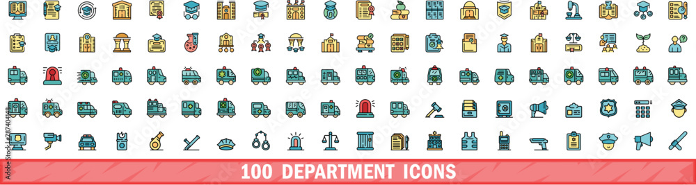 Wall mural 100 department icons set. color line set of department vector icons thin line color flat on white - Wall murals