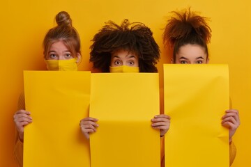 Three people holding yellow squares
