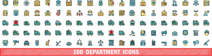 100 department icons set. Color line set of department vector icons thin line color flat on white