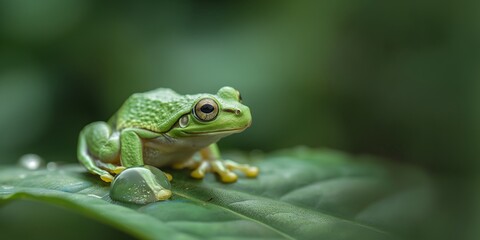 Naklejka premium A vibrant green tree frog is captured in sharp detail as it rests on a glistening dew-covered leaf