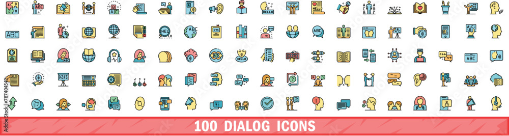 Poster 100 dialog icons set. color line set of dialog vector icons thin line color flat on white