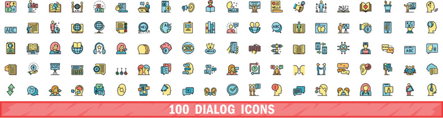 100 dialog icons set. Color line set of dialog vector icons thin line color flat on white