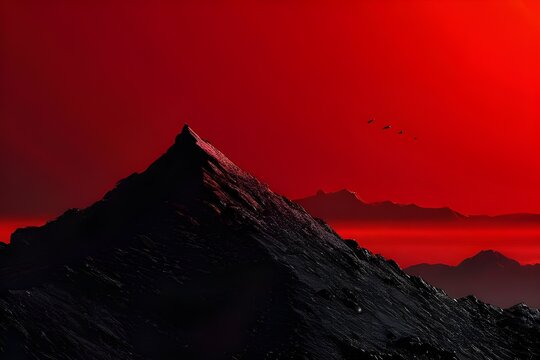 Red arrow trending on artstation sharp focus studio photo intricate detaile highly dtailed,A mountain silhouetted against an orange sky.