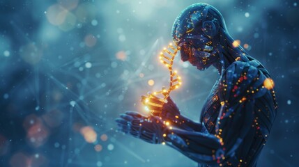 A digital sculpture of a human figure cradling a glowing DNA strand, symbolizing the link between technology and humanity.