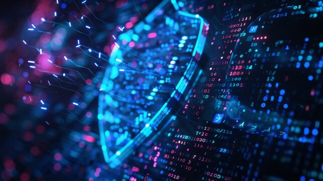 A digital shield deflecting arrows made of binary code, symbolizing the active defense against cyber threats.